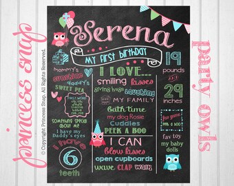 Owl First Birthday Chalkboard - Owl 1st Birthday Milestone Poster Sign Birthday Printable File