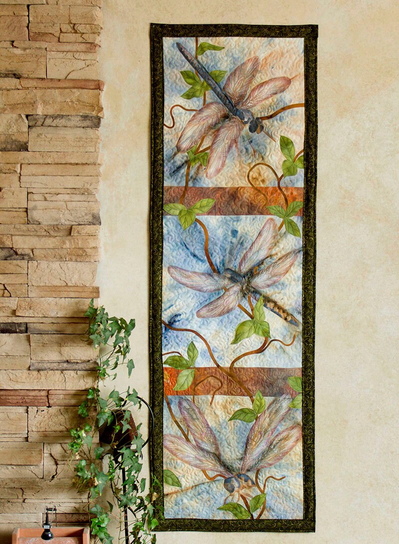 Hand painted fabric art quilt wallhanging Dragonflies