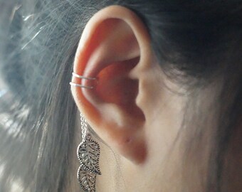 44)Ear Cuff.Non Pierced Two Leaves Drop Ear Cuff
