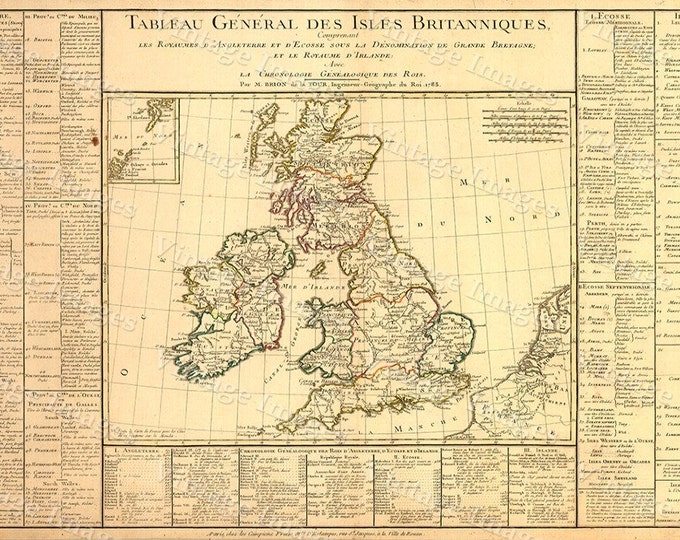 British Isles Scotland Map Large 1783 VINTAGE Antique Map of Western Europe Ireland Restoration Hardware Style wall decor historic old map
