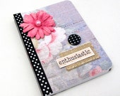 Enthusiastic Mini Journal - Mini Notebook - Lavender and Vivid Pink - Black and White Polka Dots - Burlap Accent - Shabby Chic Flower