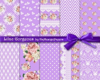 Purple digital paper : "Lilac Gorgeous" shabby chic digital paper with roses on purple background, lace digital paper, floral digital paper