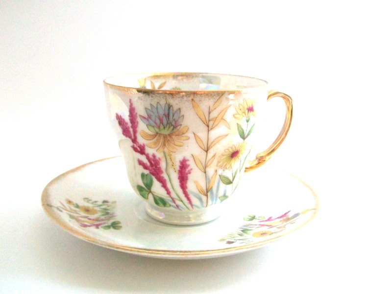 Teacup & Saucer, Teacup Set, Vintage Teacup, White and Pink Teacup
