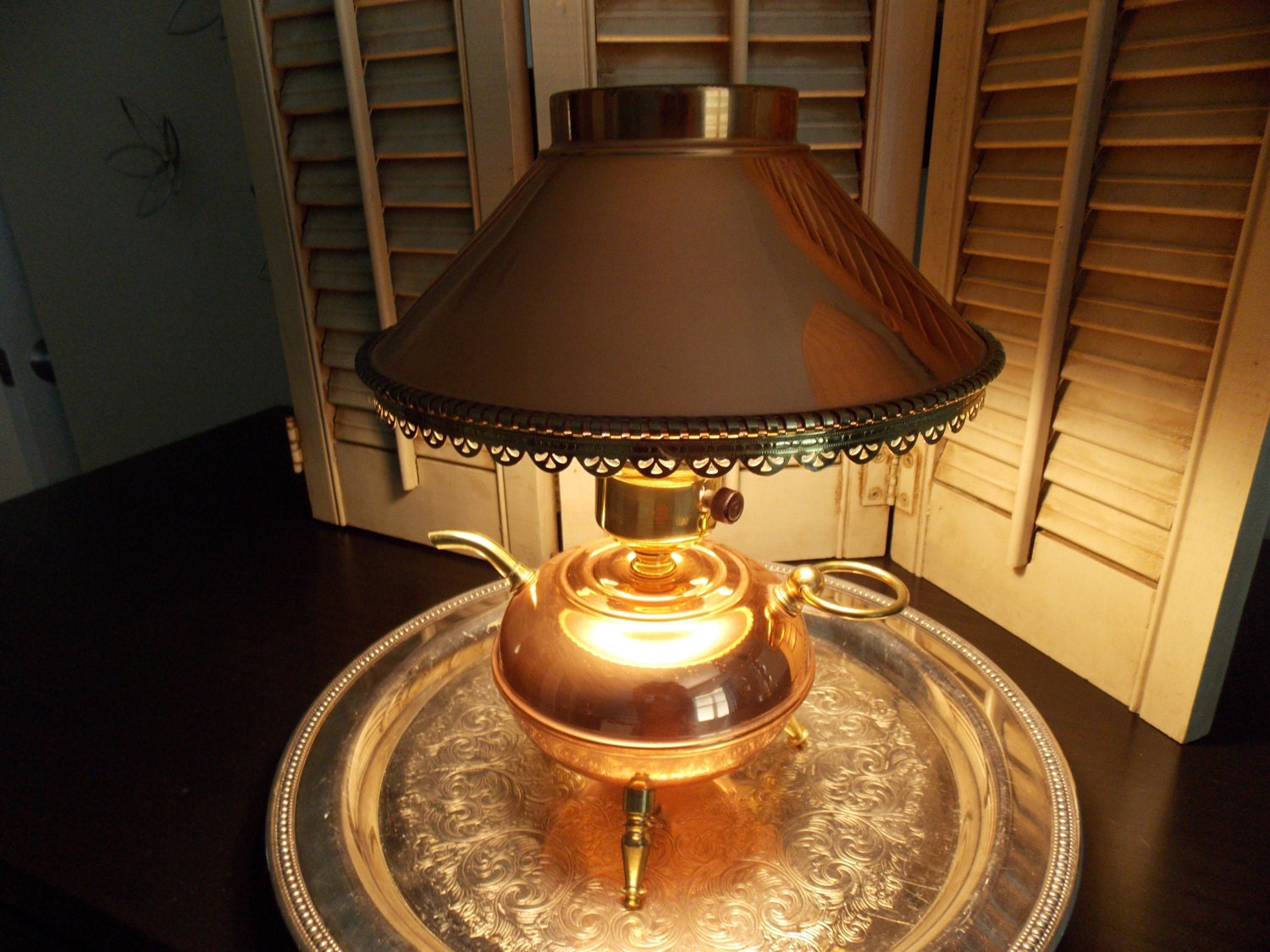 Vintage ACCENT LAMP COPPER and Brass Body and Shade, Copper Teapot Accent Lamp