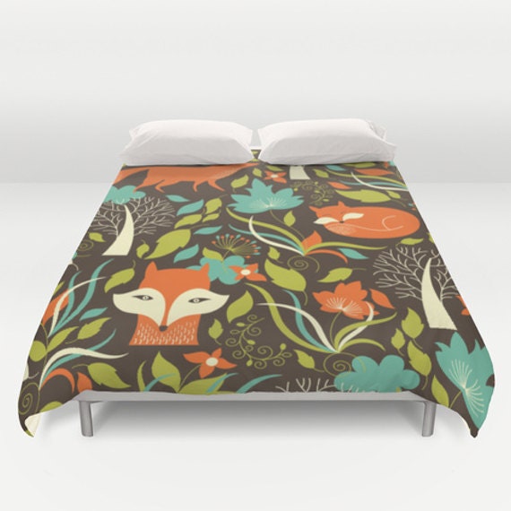 Brown And Green Duvet Cover Sweetgalas Fox Print Brown White Gray Green Duvet Cover