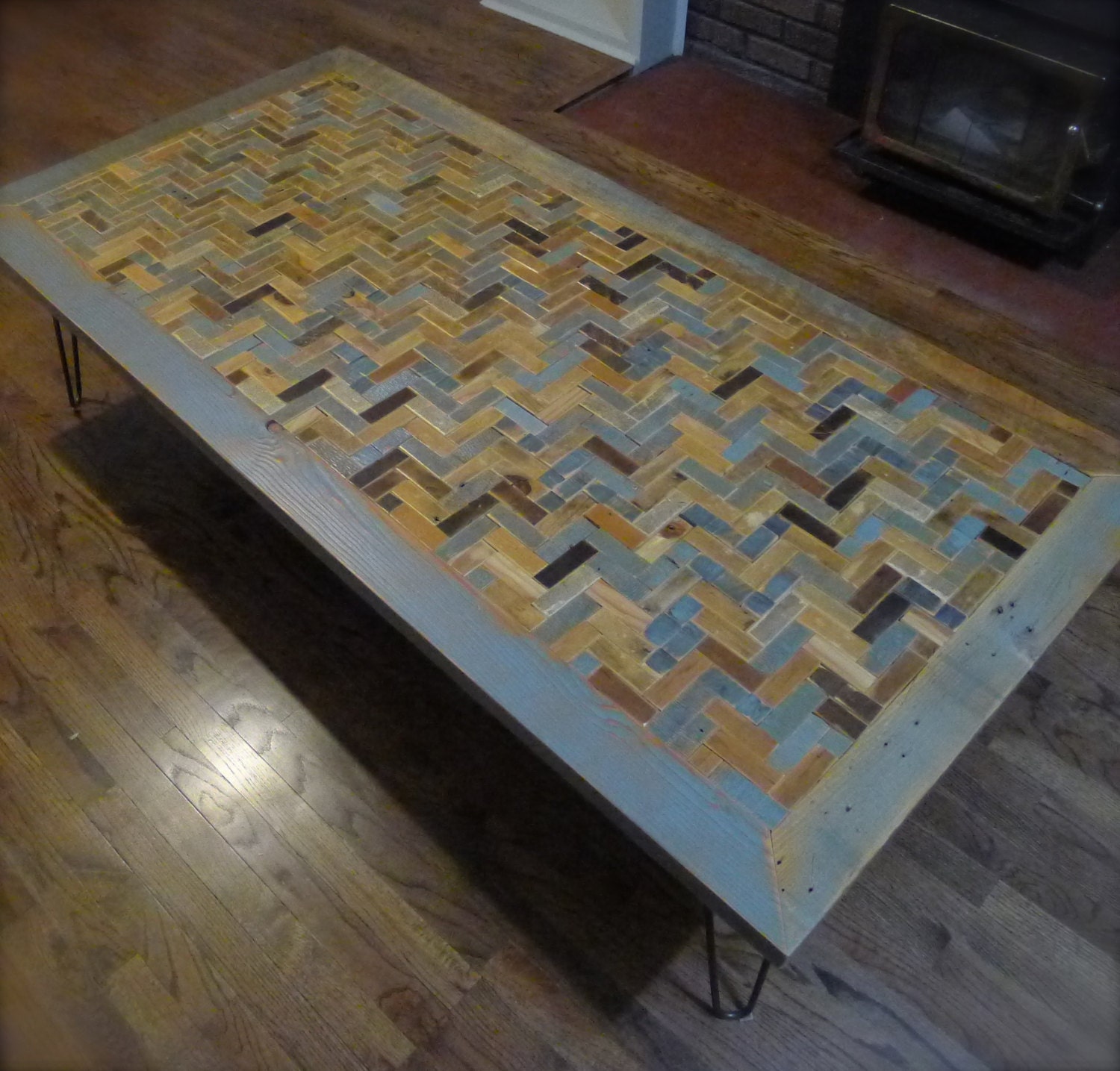 Herringbone pattern reclaimed wood coffee table by RusticAlchemy