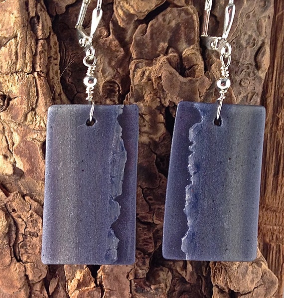 Felled Seam, Indigo, Polymer Clay Earrings, with Silver-plated Beads. Blue. Silver. Very Lightweight