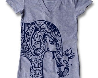 Ethnic Elephant Print Women's Fitted V - Neck T - Shirt