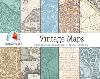 Vintage Maps Digital Papers #2 - 10 pages of scrapbooking backgrounds, photography backdrop, travel journal Instant Download 8058