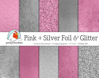 Silver Foil Digital Paper + Pink Digital Paper + Silver Glitter Paper + Pink Glitter Paper Metal photography backdrop Instant Download 8063