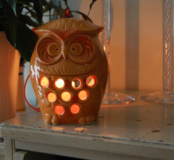 Vintage Hanging Owl Tea Light Holder Orange Ceramic by MaceSpace