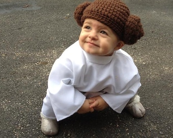 Toddler Princess Leia Hat costume crochet beanie, Baby toddler girl pretend Princess Leia play outfit for Star Wars Mom Dad, Kids cosplay