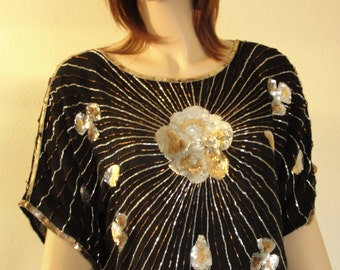 Vintage sequin sparkly shirt by Ann Katrine size Medium 80s 90s top floral flower silk