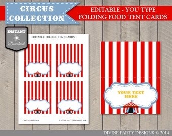 INSTANT DOWNLOAD Editable Circus or Carnival Food Tent Cards / Place Cards / You Type Text / Circus Collection / Item #1002