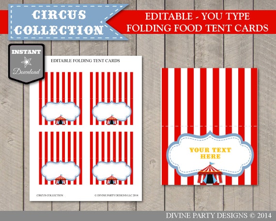 INSTANT DOWNLOAD Editable Circus or Carnival Food Tent Cards / Place Cards / You Type Text / Circus Collection / Item #1002 Il_570xn