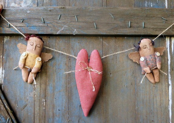 Primitive Angels Garland-Primitive Heart Garland-Rustic Garland-Valentine Decor