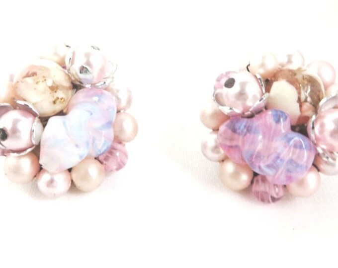 Vintage Japan Pink Cluster Earrings, Faux Pearl Bead & Art Glass Clip-ons