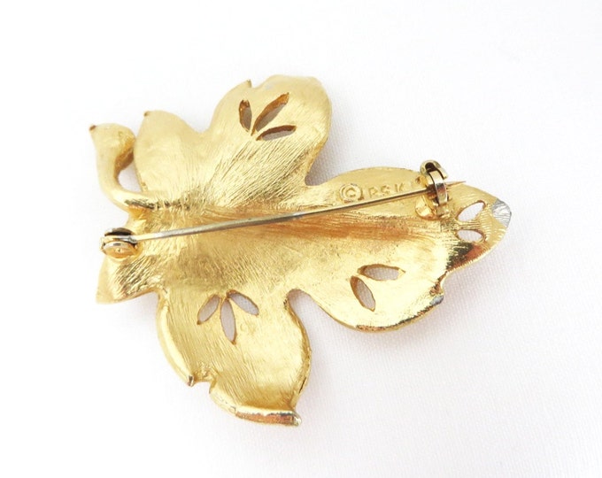 BSK Leaf Brooch, Vintage Goldtone Brooch, Signed BSK Jewelry, Matte Leaf Pin
