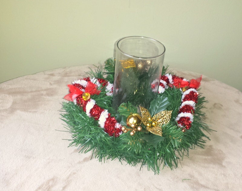 Christmas Pine Candy Cane Candle Ring / Wreath with Acorns Balls Berries and Gift Box,Xmas Candy Cane Ring with Ornaments,Xmas Centerpiece