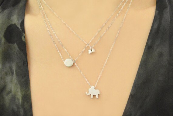Set of 3 layering necklace, White gold layered chip, Coin, Elephant ...