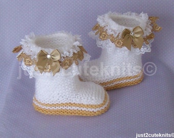 Hand Knitted Designer Baby Girl Booties Venise Lace Newborn Special Occasion Baby Shower Original Reborn Doll #44