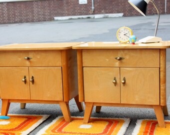 2 small chests of drawers, old side tables, bedside night table, cabinets, wood wooden, furniture Germany, Mid Century 50s 60s, vintage,