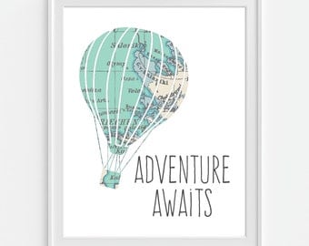 Vintage Map Hot Air Balloon Print 'Adventure Awaits' 5x7 8X10 11x14 Inspirational Quote Nursery Baby Print Wall Art, Home Decor Wall Art