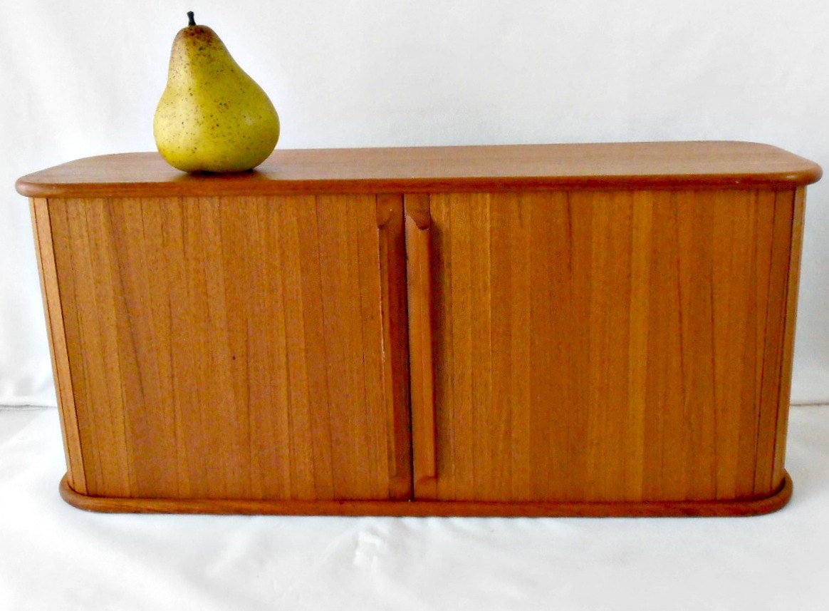 Mid Century Teak Tambour Wall Roll Top Desk Box