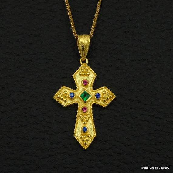 Items similar to Emerald Ruby Sapphire Cross Pendant Etruscan Byzantine ...