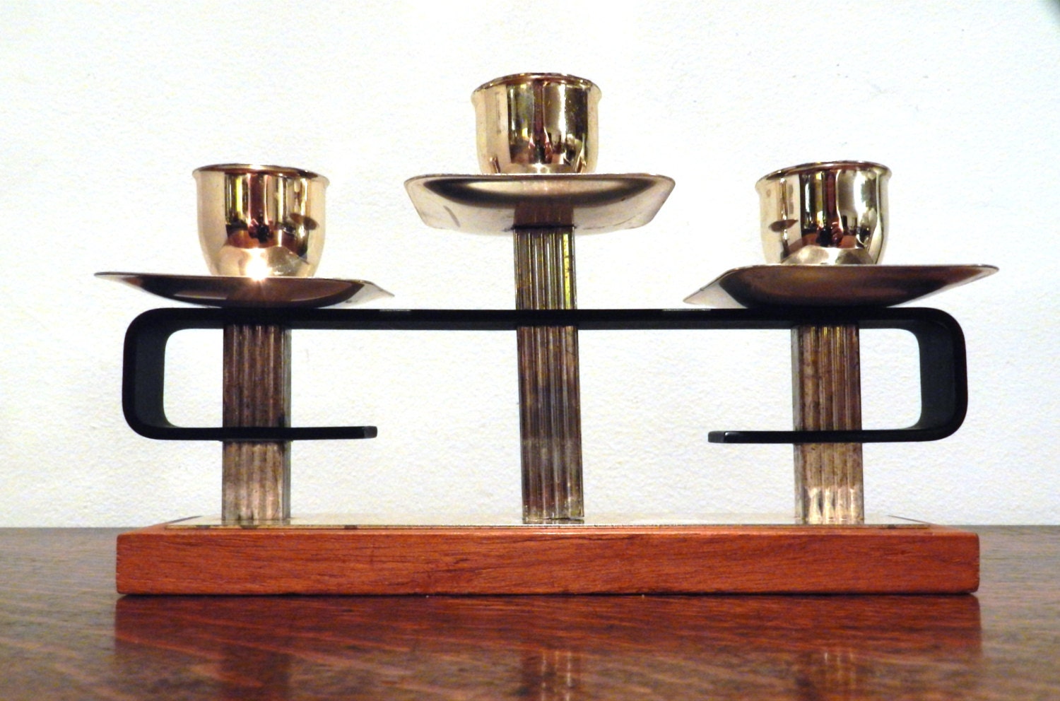 Art Deco Style Teak & Brass Candle Holder Vintage 1940s Made