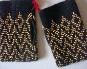 Black knit wool fingerles gloves beaded fingerless gloves handmade  Fingerless gloves by LinenWoolRainbow