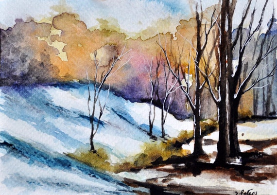 Items similar to ORIGINAL Watercolor Painting, Winter Snowhill, Small ...