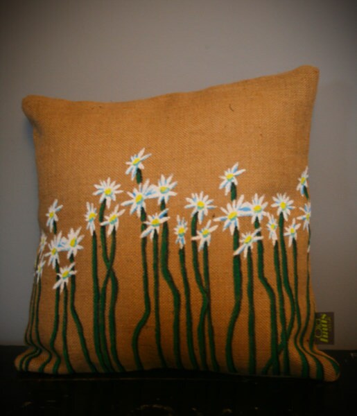 Spring Daisies Hessian Cushion Covers handmade by OldhausVintage
