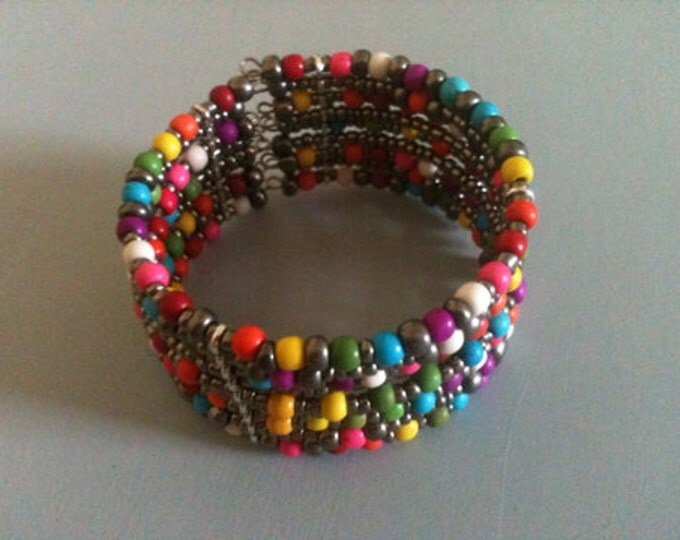 rainbow colored dyed stone and glass memory wire cuff bracelet