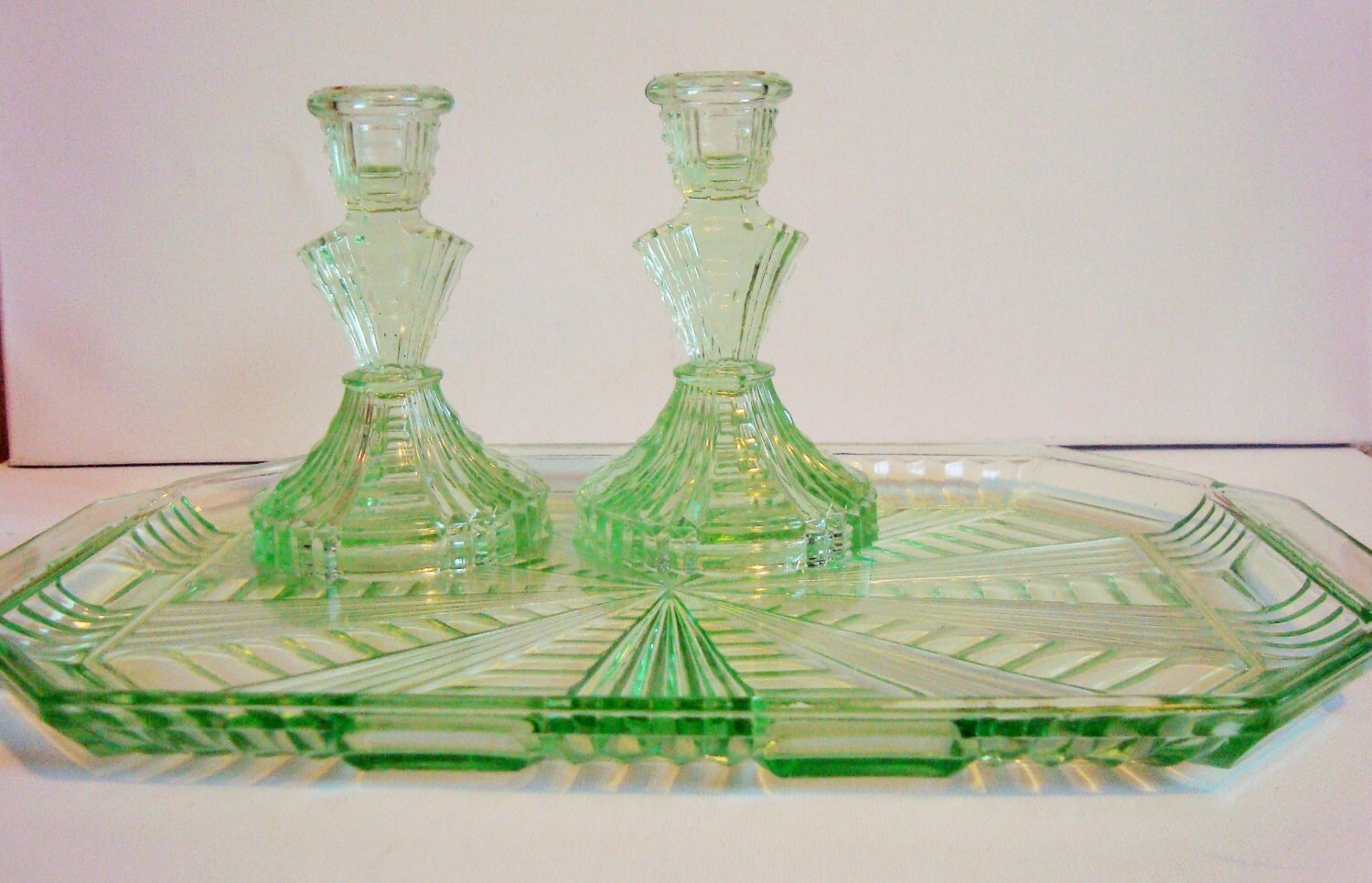 Green glass vanity set for vintage dressing by laurasvintagehome