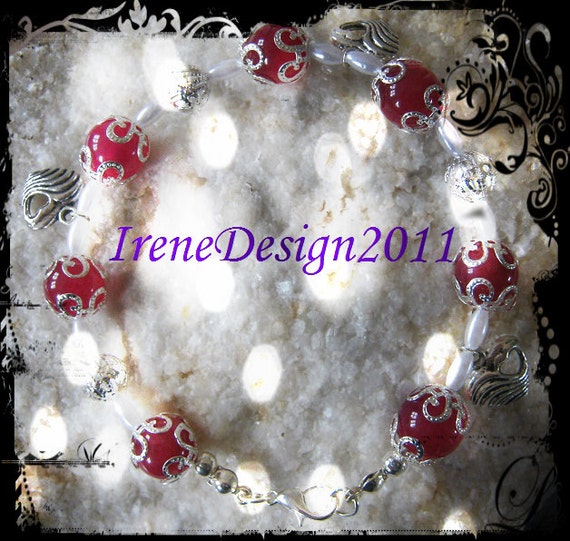 Handmade Silver Bracelet with Pink Alexandrite, White Pearls & Hearts by IreneDesign2011