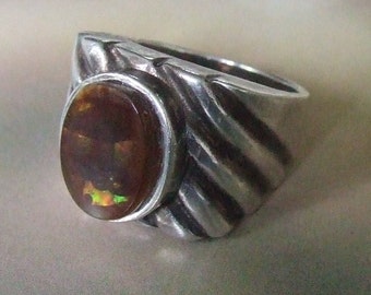 Mans Mexican Fire Agate Heavy Vintage Sterling Silver Bezel Set Gemstone Ring Size 8.25