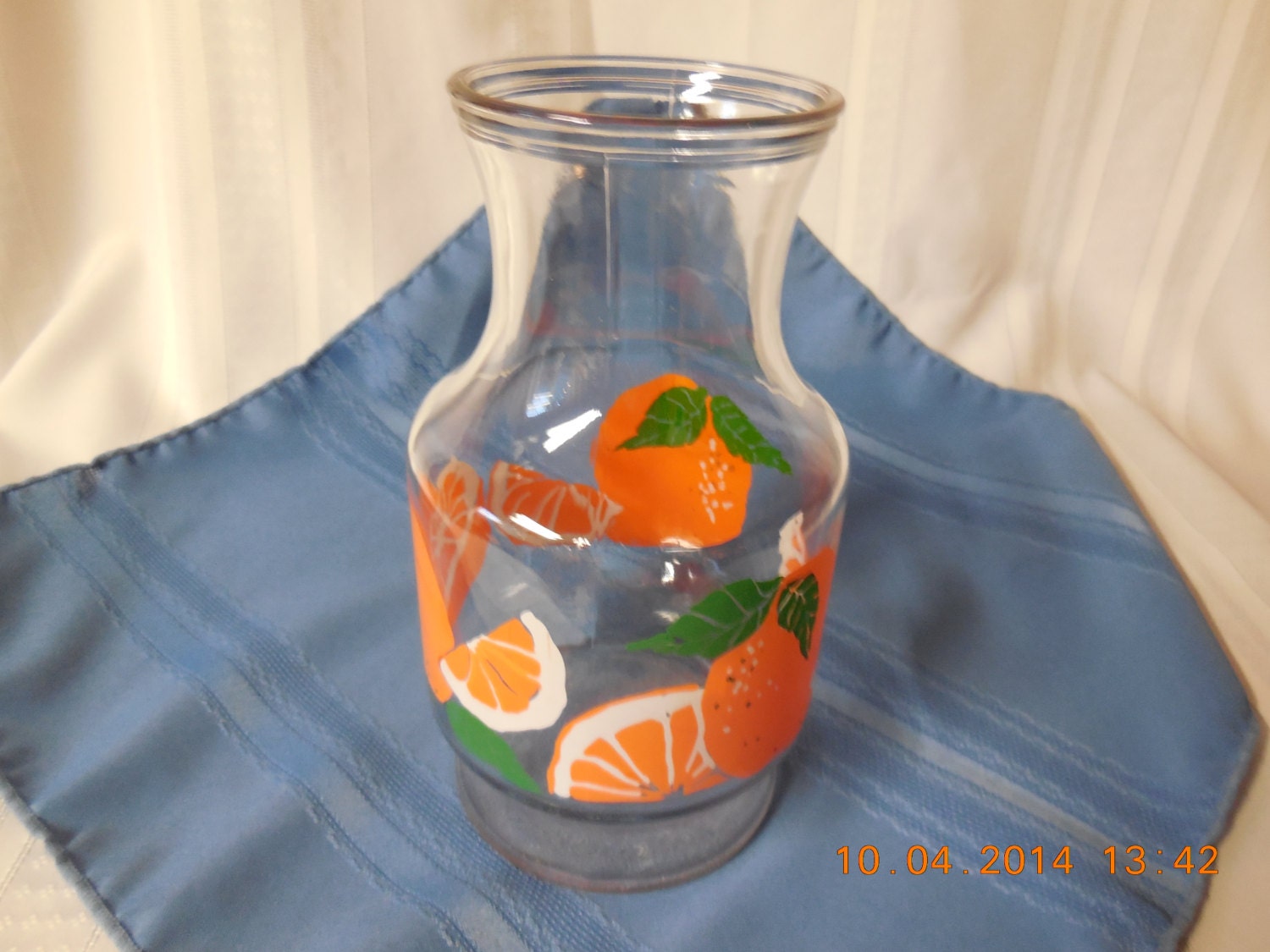 Glass orange juice pitcher 1 quart size with oranges painted