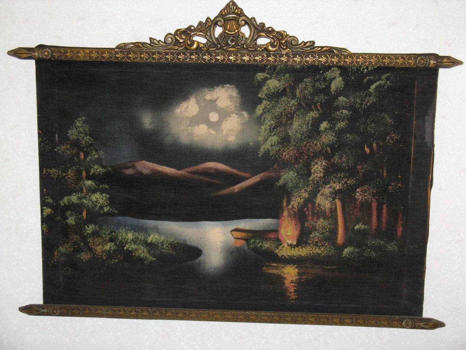 Antique velvet oil painting plaster frame lanscape campfire