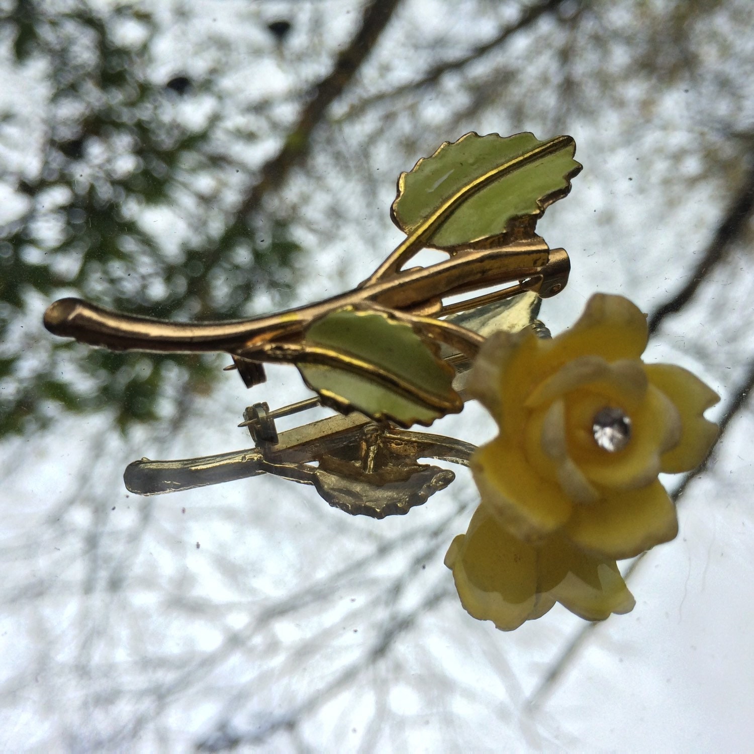 Vintage Yellow Flower Brooch. Gold Tone Pin with Hand Painted Yellow