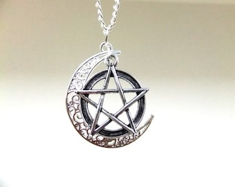 Silver Moon and Pentagram Necklace, Crescent Moon Necklace, Large Pentagram Necklace, Wiccan Necklace, Wicca Jewelry, Boho Necklace, Gift