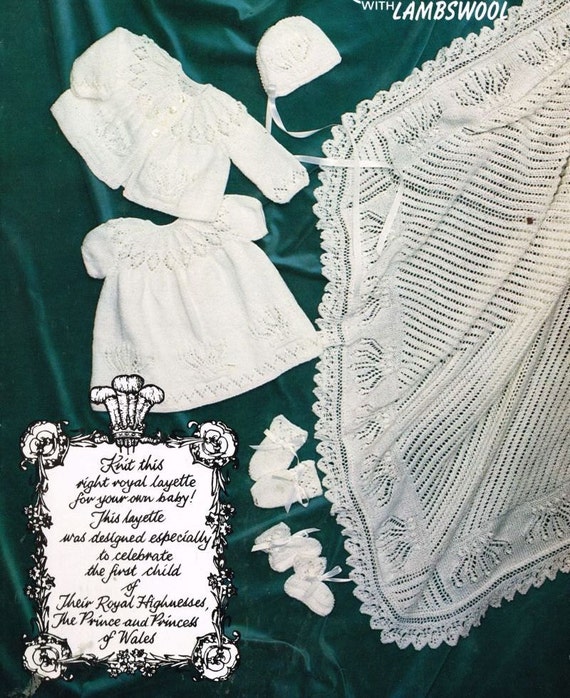 royal baby layette vintage knitting pattern incl shawl PDF