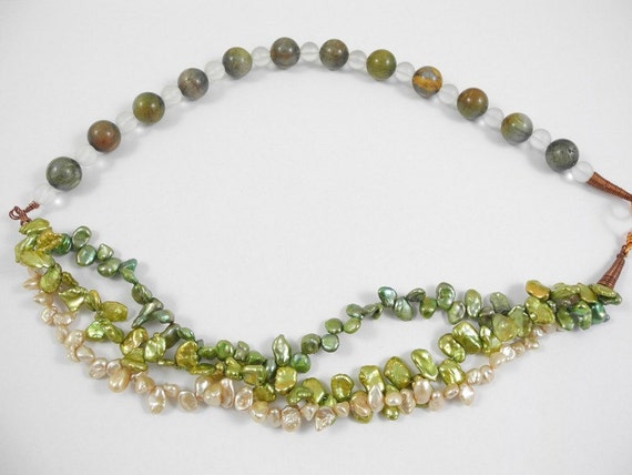 Spring's Return - Necklace Keshi Pearls and Quartz, Cat's Eye gemstone, green gold jewelry, pearl jewelry, multistrand necklace, statement