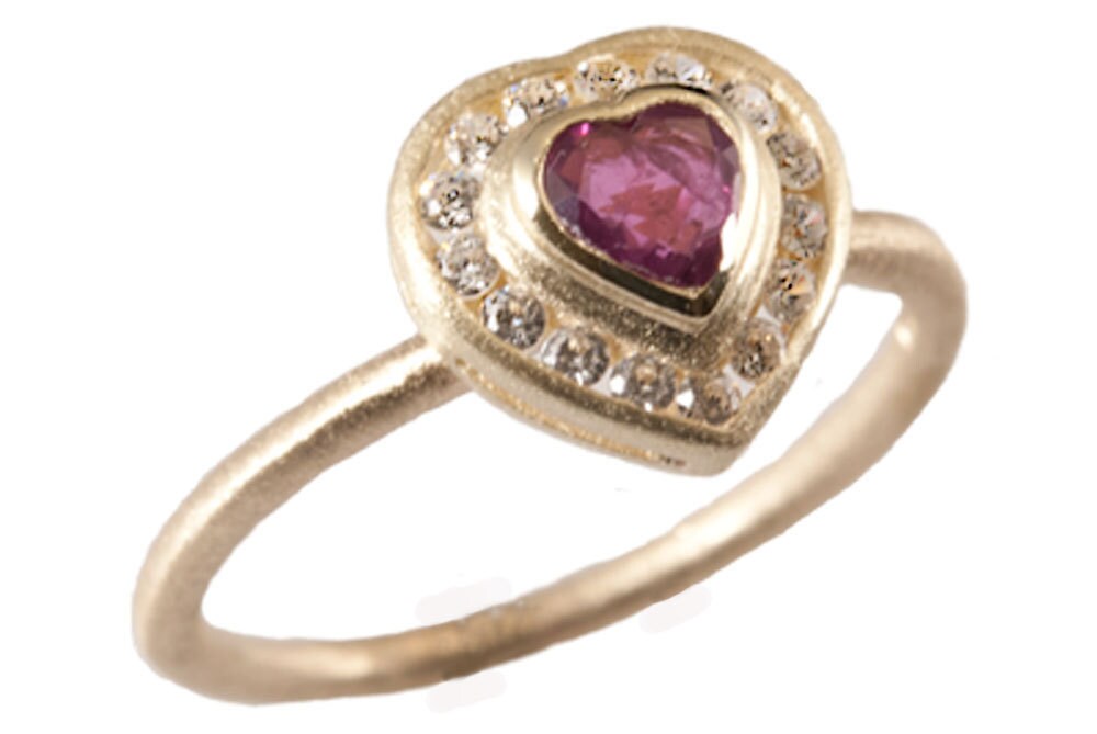 14kt Gold Ring Heart Shaped Ruby Diamond Ring. Gevani