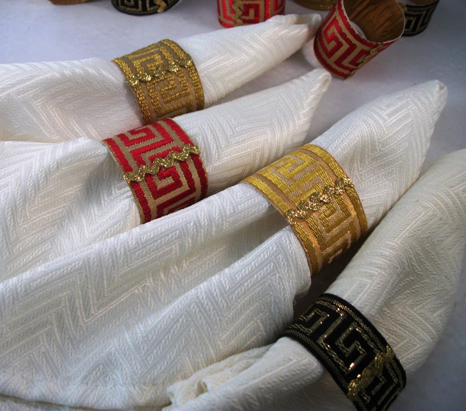 Classic Greek key ribbon napkin rings by DixieSisters on Etsy