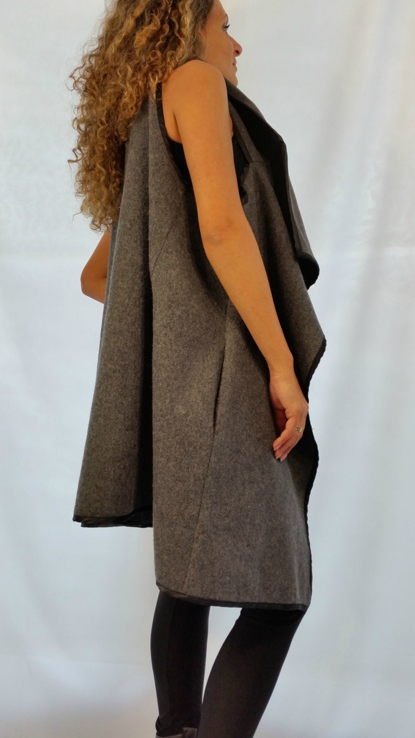 High Collar Coat / Asymmetrical Vest with Pockets /Wool