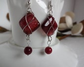 Silver Wrapped Cranberry red Dragon's Vein Fire Agate Earrings