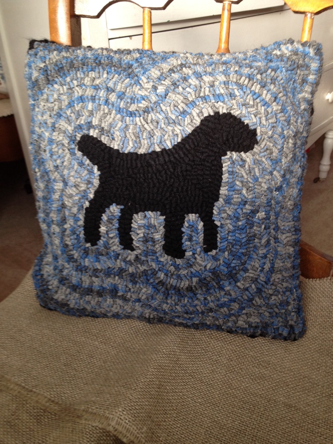 black lab hooked pillow