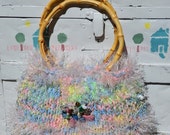 On Sale Handmade Purse, Handbag, Tote. Pink, Green, Yellow, with REMOVABLE  Brooch. Hippie, Bohemian, Boho