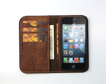 Handmade iPhone 5 / 5S, SE, iPhone 4 /4S, iPhone 6 / 6S (4,7"), iPhone 7 Leather Wallet Case, iPhone Leather Case - Free Monogramming